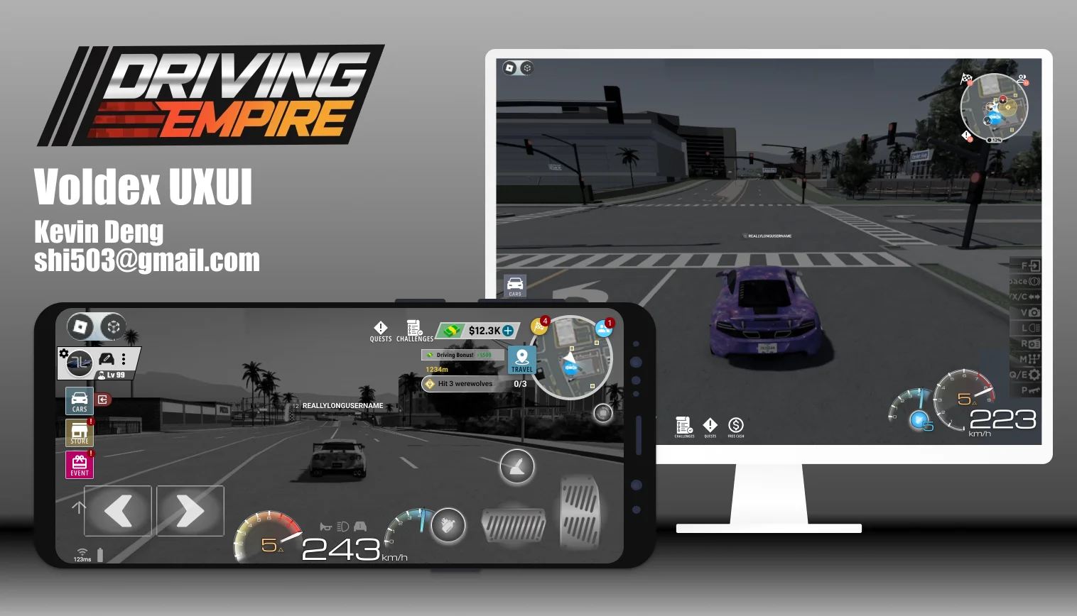 Driving Empire UXUI: the HUD on mobile and desktop.