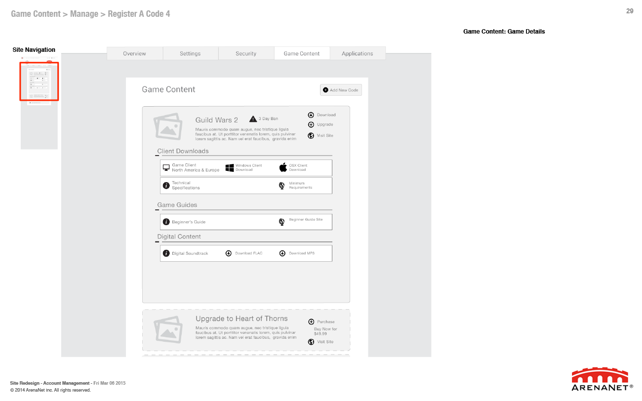 Guild Wars 2 account management wireframes, page 29.