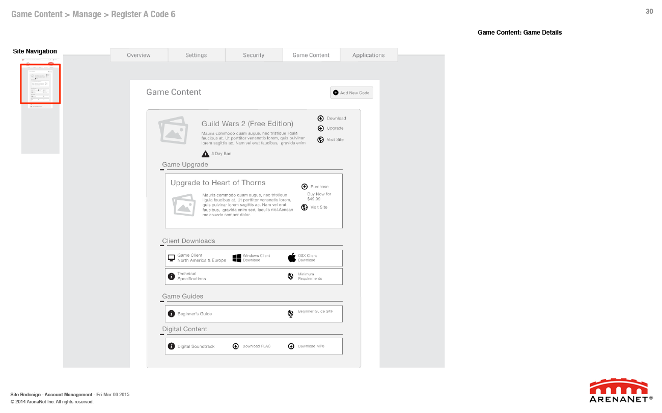 Guild Wars 2 account management wireframes, page 30.