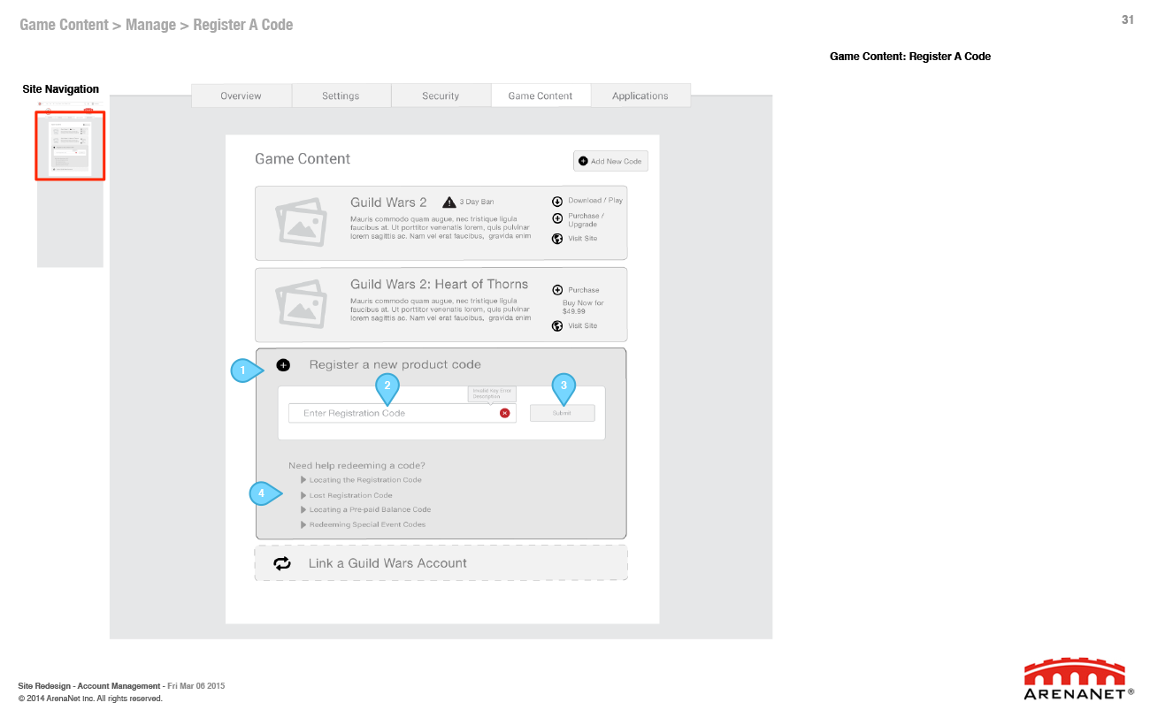 Guild Wars 2 account management wireframes, page 31.