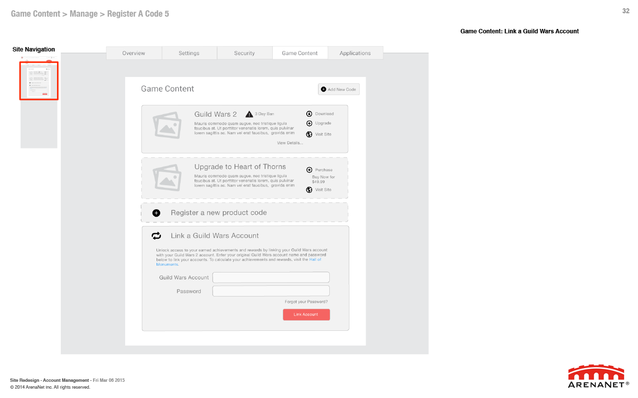 Guild Wars 2 account management wireframes, page 32.