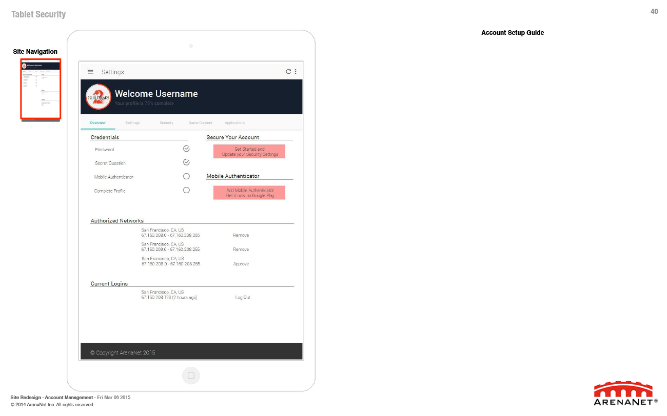 Guild Wars 2 account management wireframes, page 40.