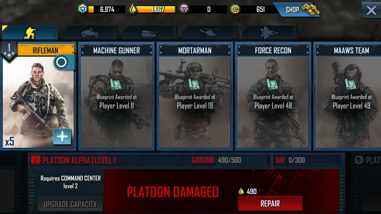 War Commander: Rogue Assault, in-game screen.