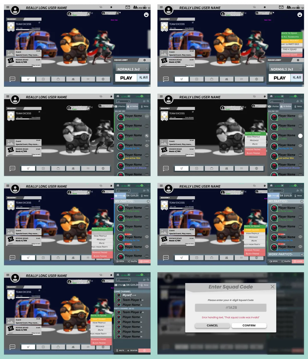 Samples from the friends list wireframes and the “Party Bus” group features.