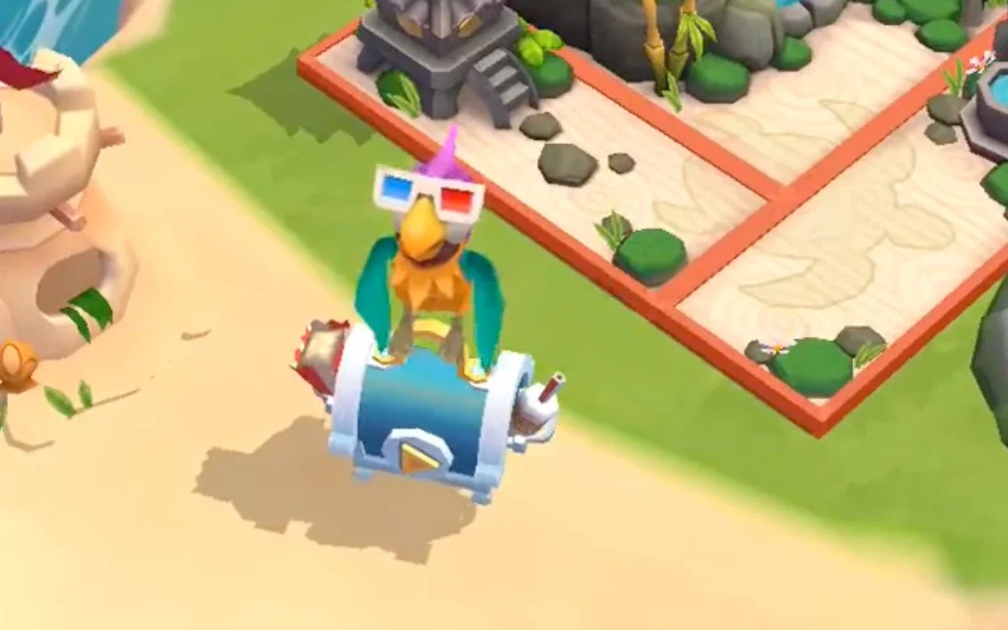 Ad Bird perched on a treasure chest on the beach in 3D glasses: the rewarded ad offer lives on the island as a character, not a pop-up.