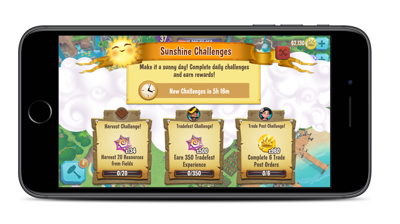 Sunshine Challenges in the live game: three daily tasks, each pointing at a different system. The decision it shows: a daily goal is a reason to open the game today that still moves the whole economy.