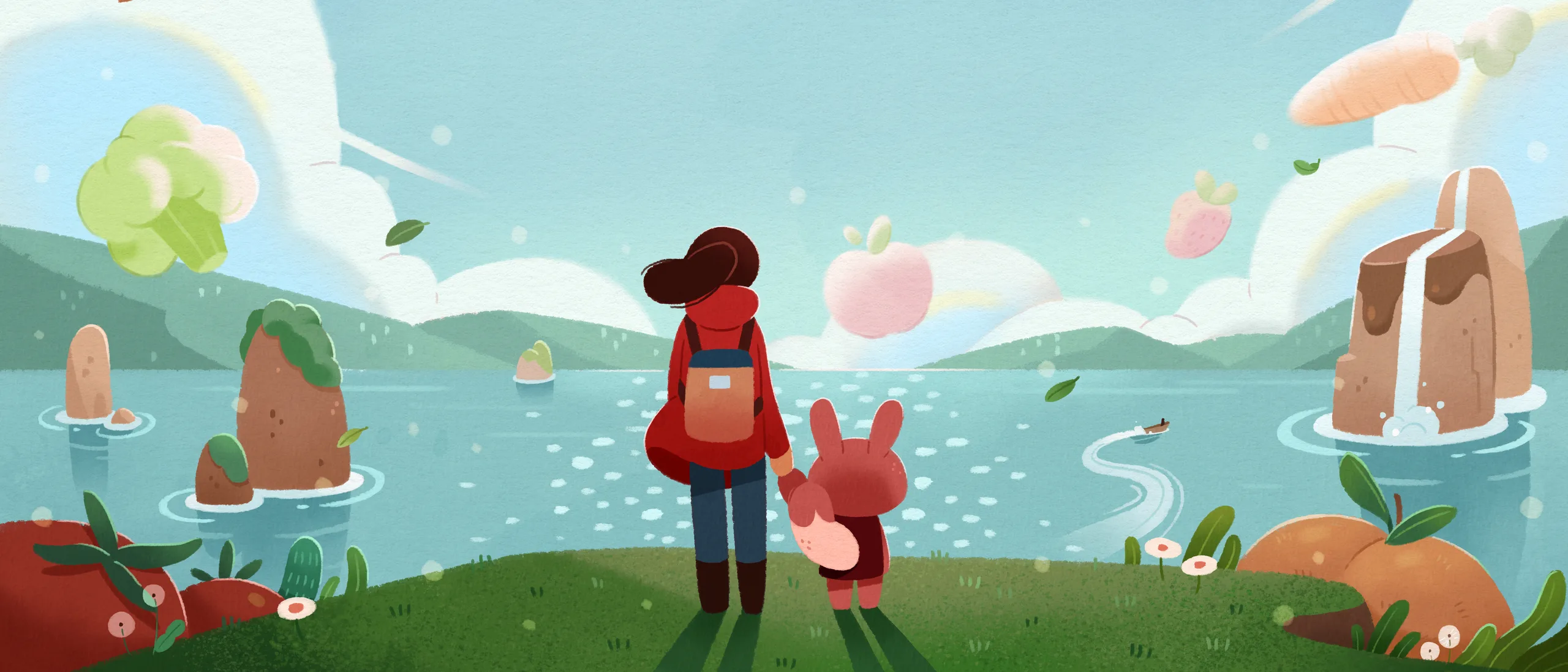 Nomsters key art. The game's concept art that shows the optimistic journey of you, your pet, and your food.