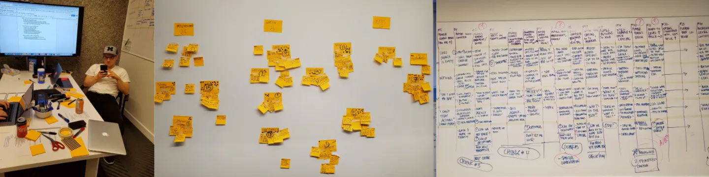 An FTUE workshop: sticky notes clustered on the wall, and the first-time journey mapped on a whiteboard.