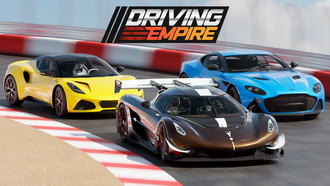 Driving Empire key art: three supercars through a corner on the track.