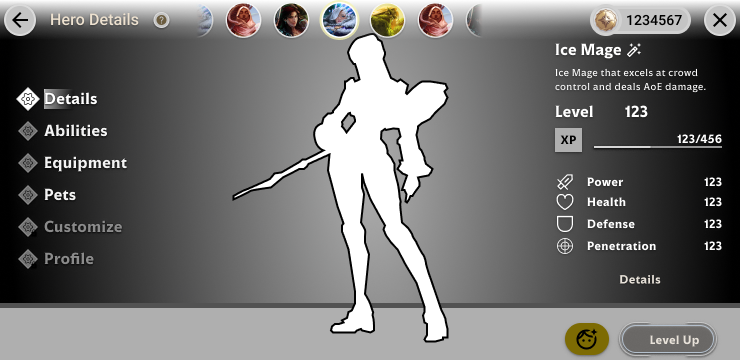 Character details, attributes page, mobile.