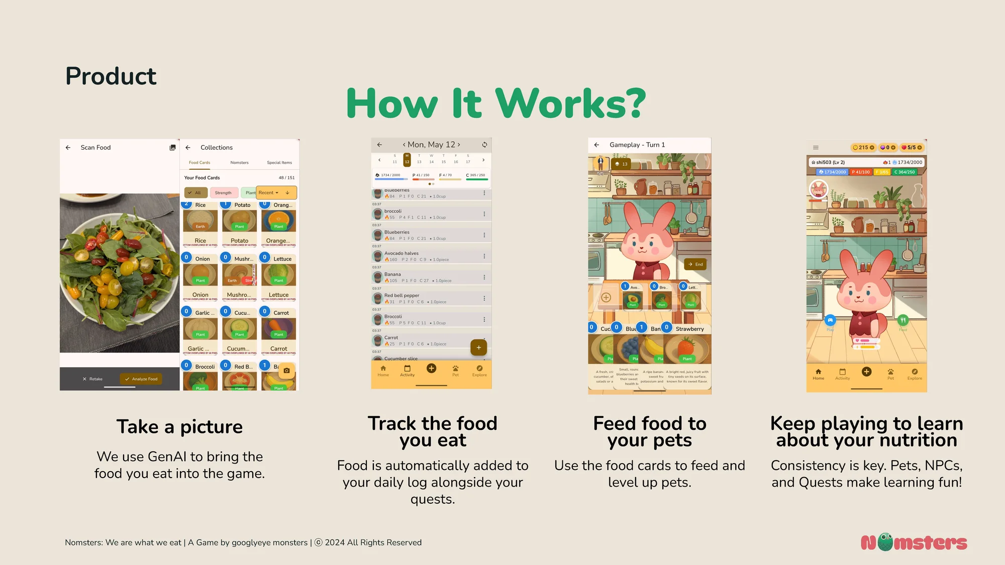 How it works: take a picture, track the food you eat, feed food to your pets, keep playing to learn about your nutrition.