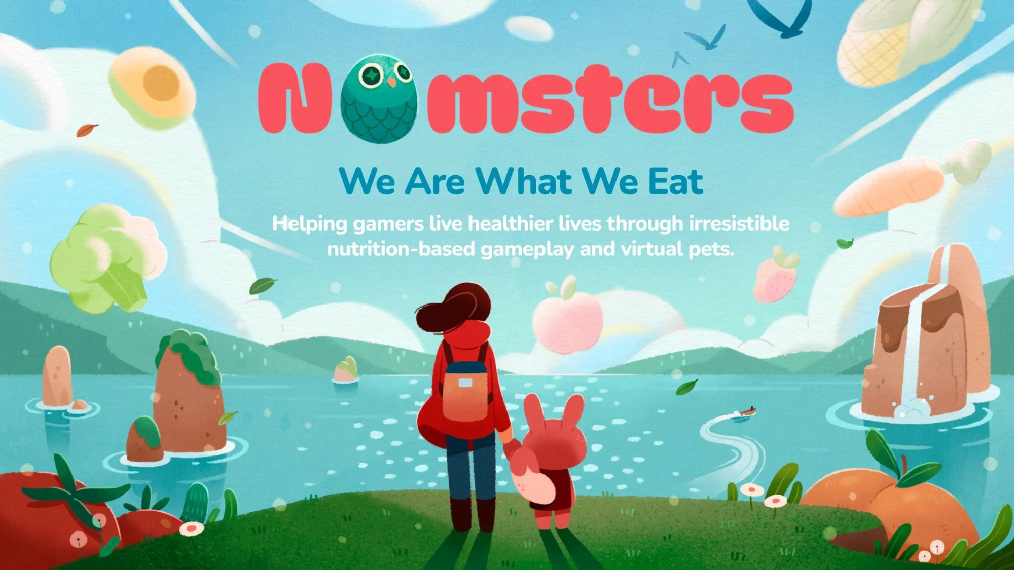 Nomsters: We Are What We Eat. A player and her pet look out over a lake of floating fruit and vegetables.
