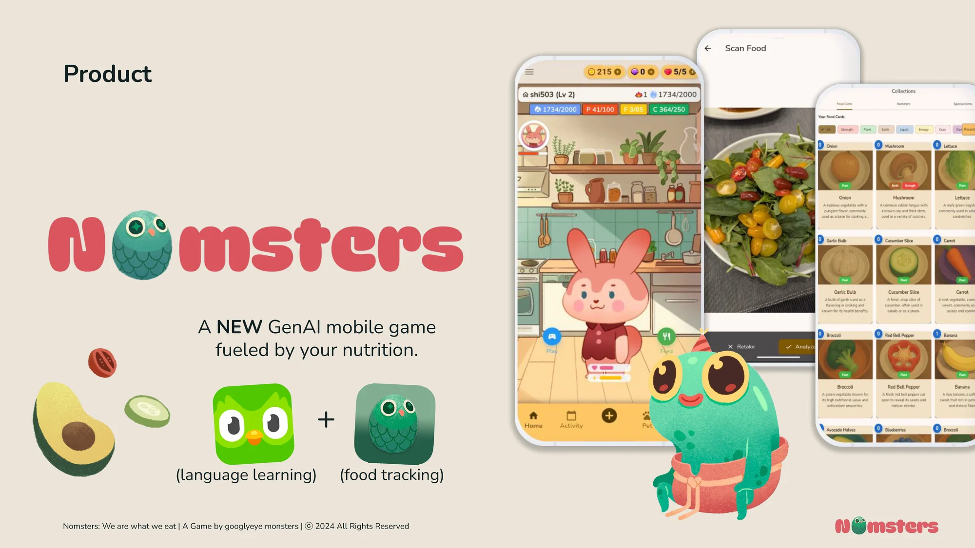 The product: a GenAI mobile game fueled by your nutrition, language-learning style gamification for food tracking.