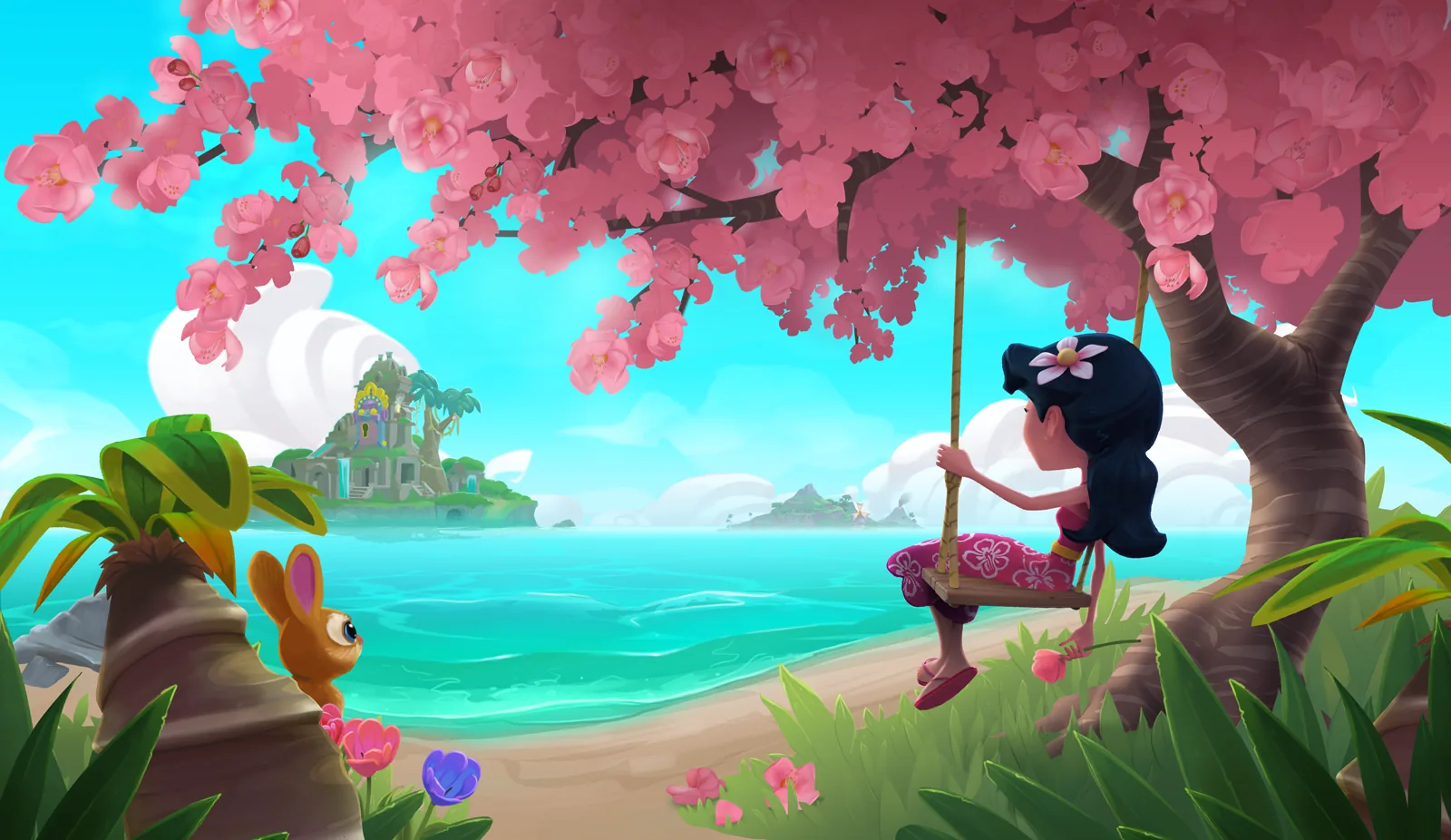 Paradise Bay key art: a girl on a swing under a blossom tree, looking out over the bay.