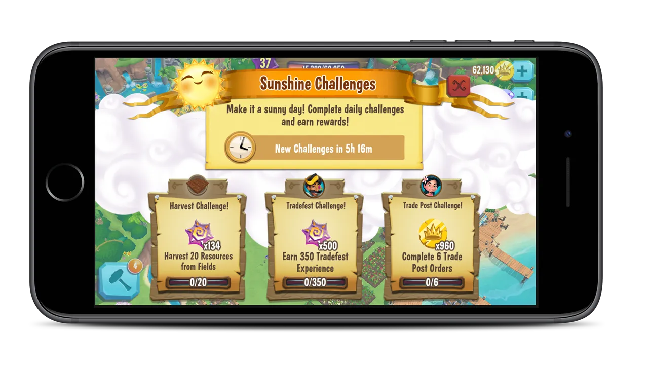 Sunshine Challenges: a daily challenge system that sets short-term goals per session and pushes players toward their next milestone.