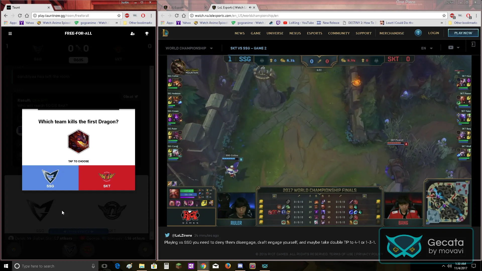 The Worlds 2017 prototype asking which team takes the first dragon, beside the live match.
