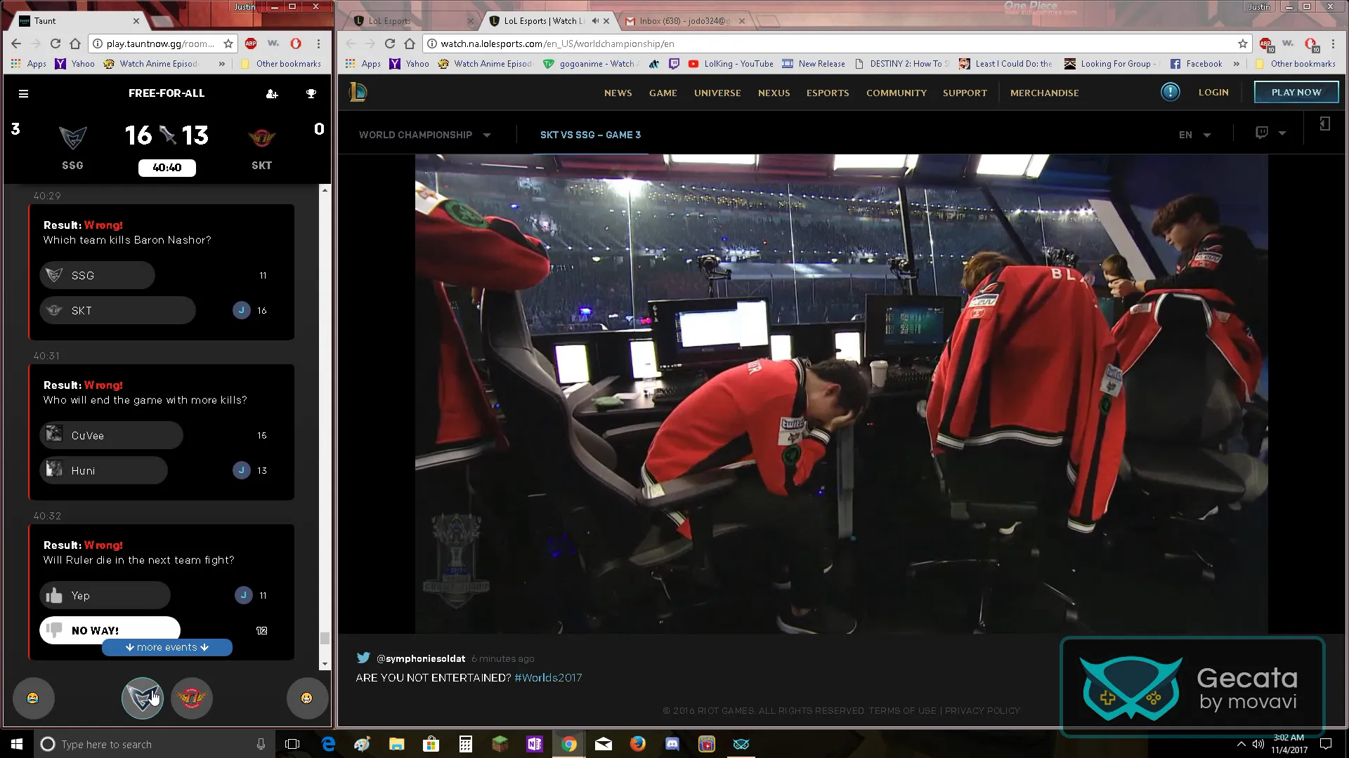 The Worlds 2017 prototype's results feed beside the live match.